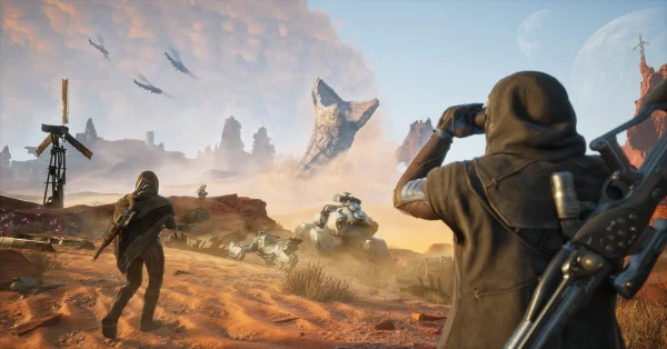 Dune Awakening gameplay on Arrakis desert with soldiers