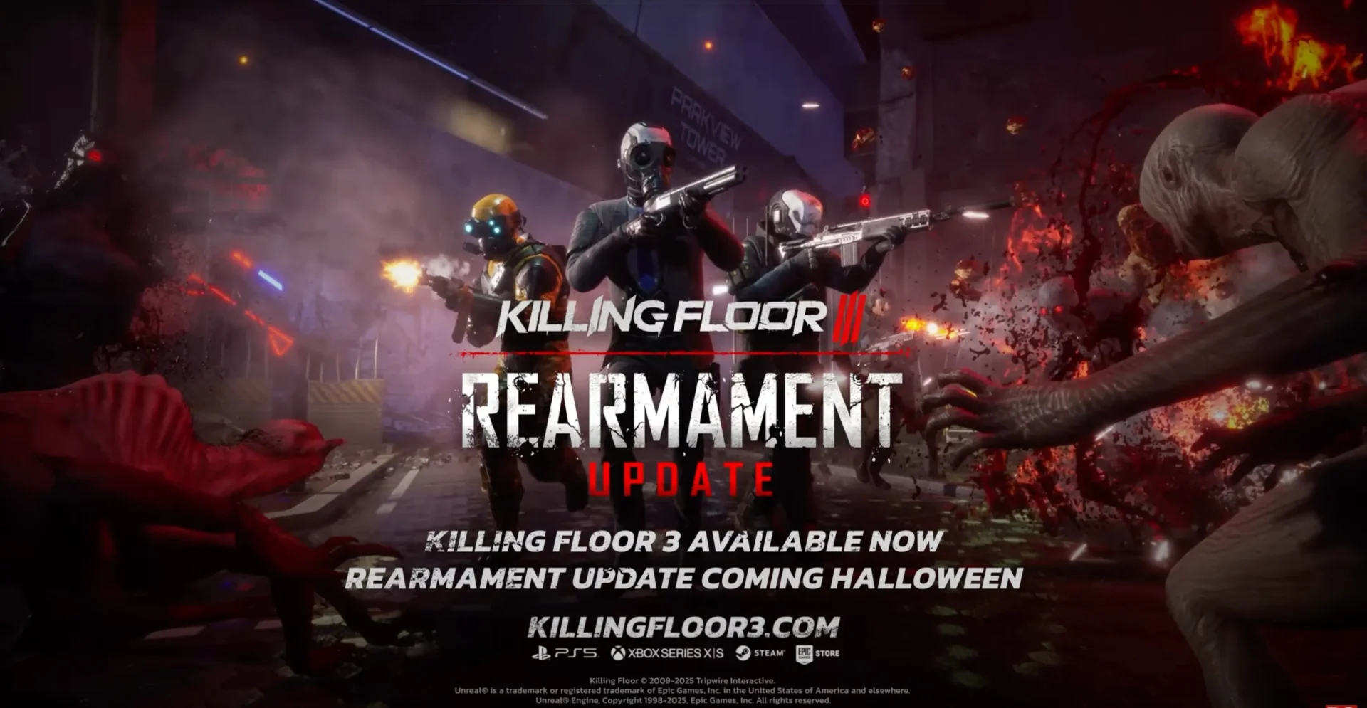 Killing Floor 3 Rearmament Update key art with masked soldier and red zombie horde