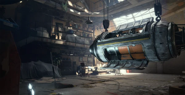 Arc Raiders Expedition Project — interior hangar with suspended spacecraft under construction”