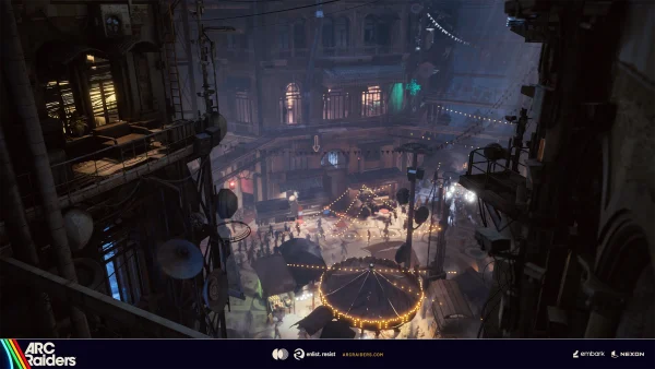 Arc Raiders central marketplace — social hub and trading zone before missions