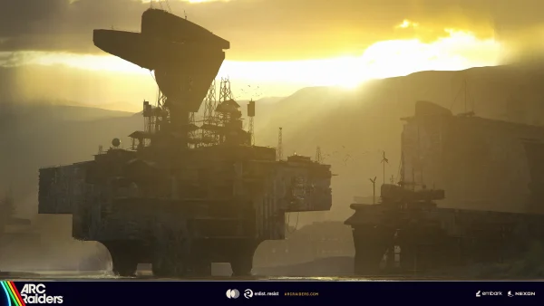 ARC Raiders offshore base at sunset with radar tower and landing platforms