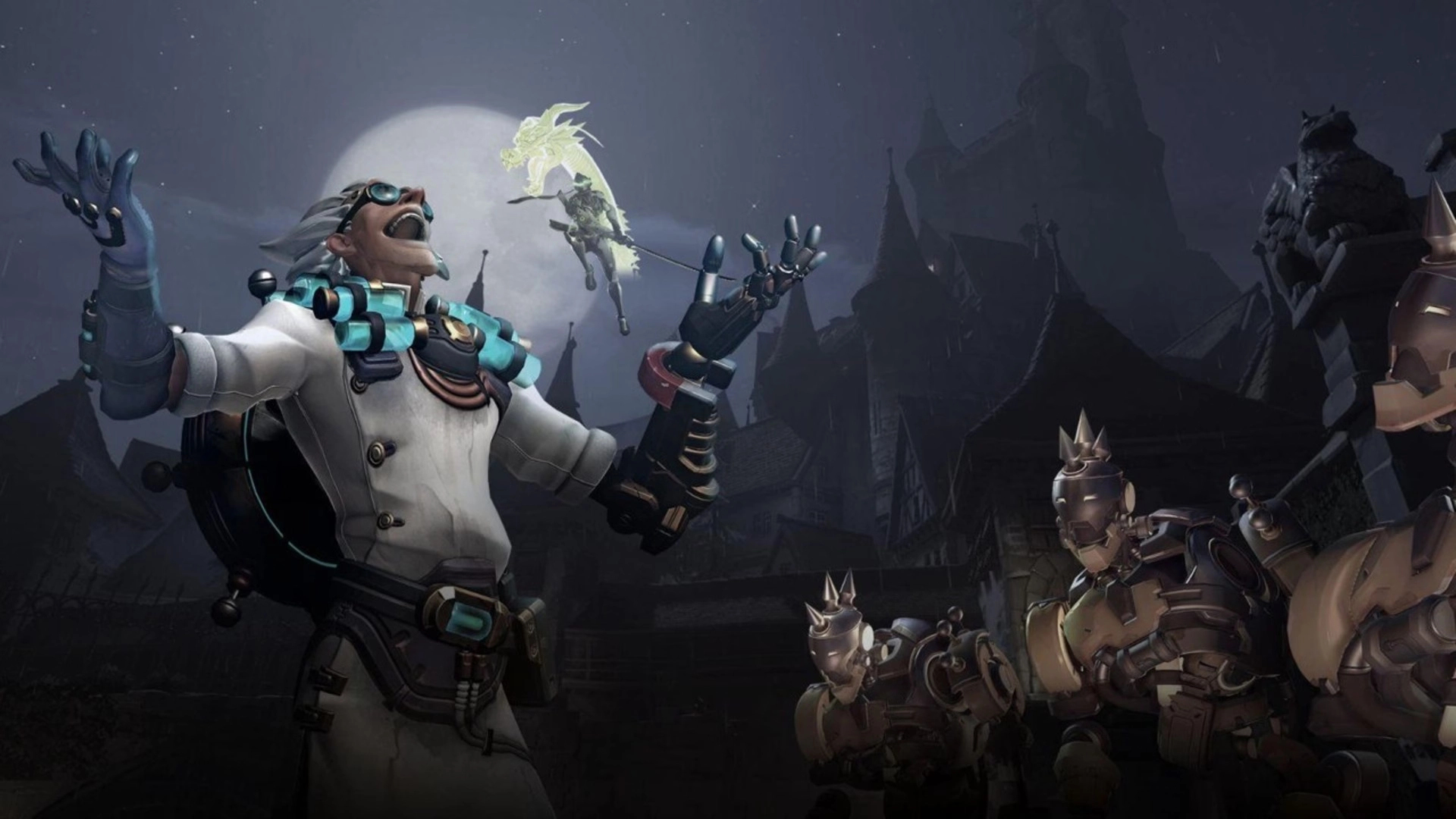 Overwatch 2 Season 19 Haunted Masquerade Halloween key art featuring Junkrat and Mercy