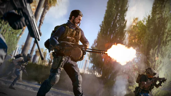 Battlefield 6 soldier firing a heavy machine gun during an intense combat encounter