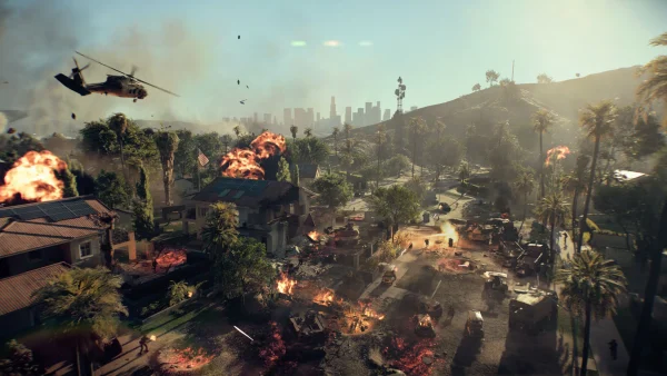 Battlefield 6 large-scale battle with explosions and destroyed city landscape